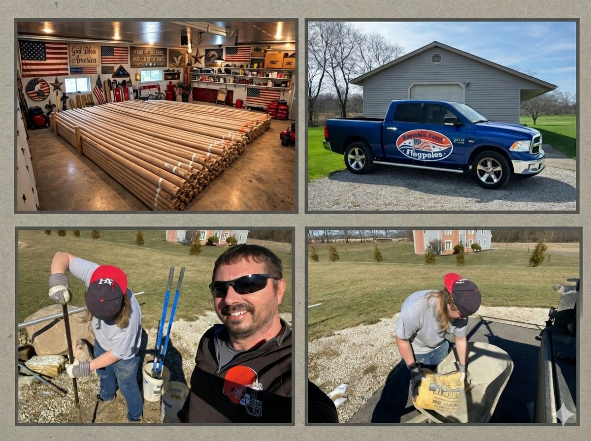 America First Flagpoles warehouse, branded truck, and team installing flagpoles