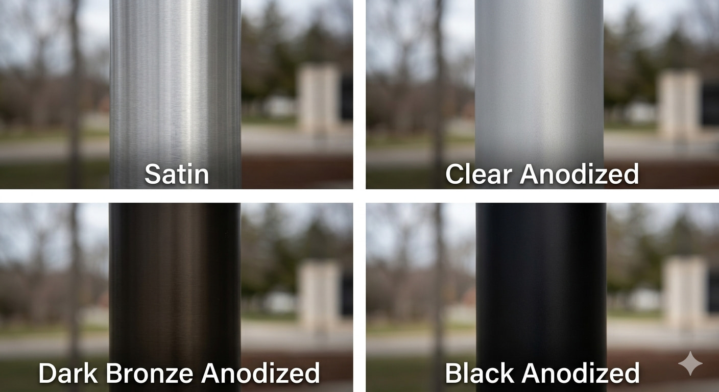 Four aluminum flagpole finishes side by side: Satin, Clear Anodized, Dark Bronze Anodized, and Black Anodized