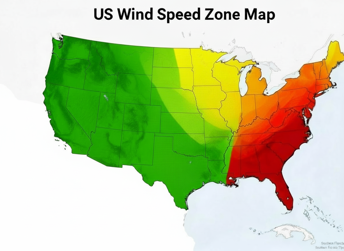 United States wind zone map showing five wind speed zones from 0-90 mph up to 131-170 mph for flagpole selection